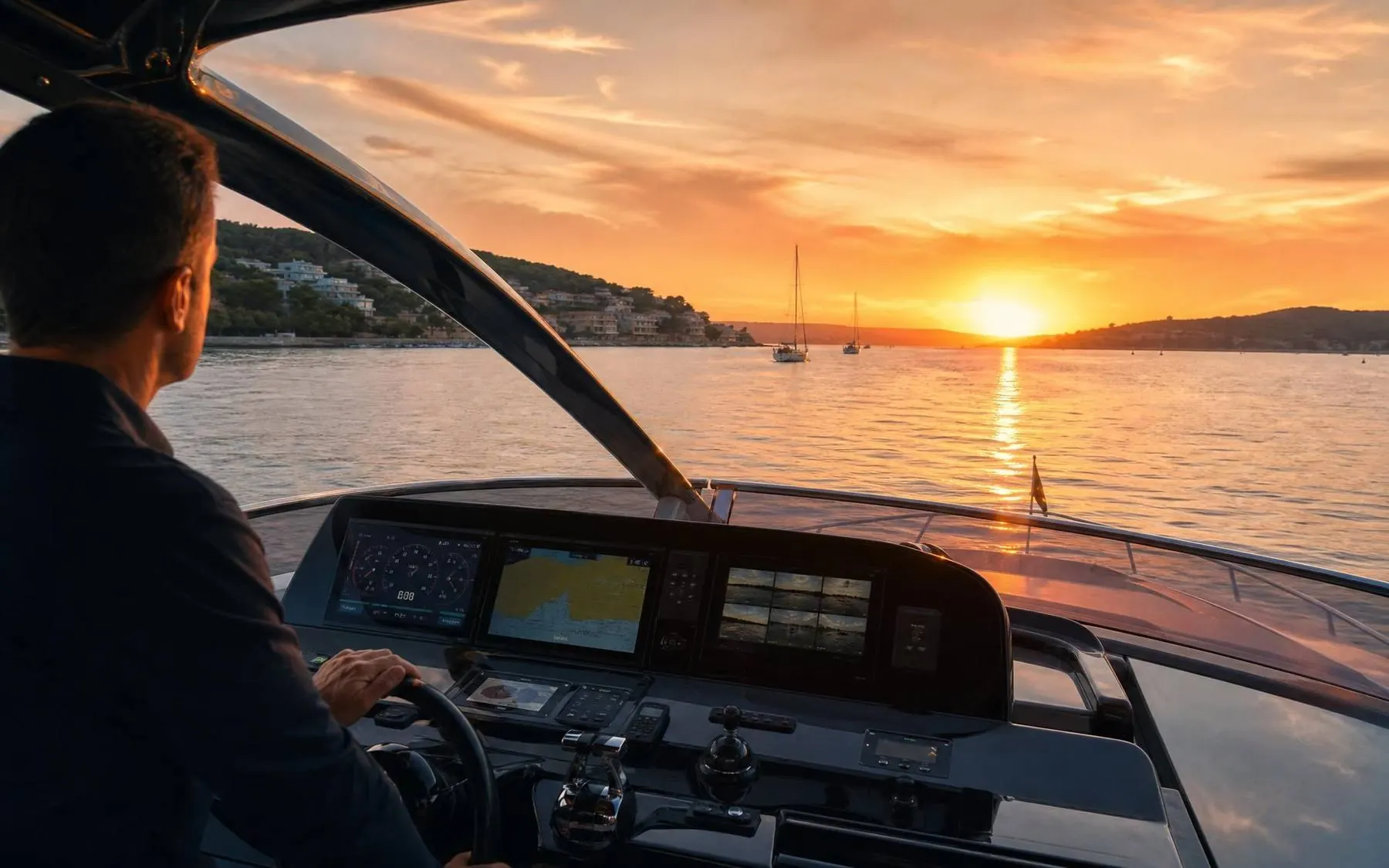 Skipper am Steuer bei Sonnenuntergang in Santa Ponsa
